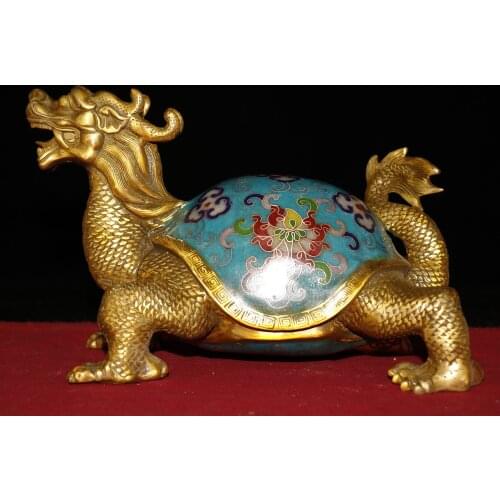 8"Chinese temple collection Old Bronze Cloisonne Enamel Basalt Beast Dragon turtle statue Lucky Town House Exorcism