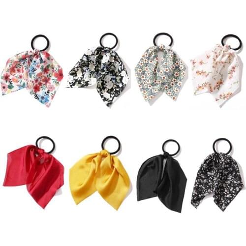 8Pcs Fashion Printing Hair Ropes Solid Color Girls Hair Scarf Decorative Elastic Bowknot Hair Tie Flower Decor Ponytail Holder
