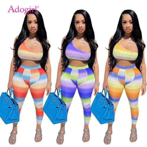 Adogirl Rainbow Stripe Ribbed Women Sexy Two Piece Set One Shoulder Sleeveless Crop Top Vest Pencil Pants Casual Suits Clubwear