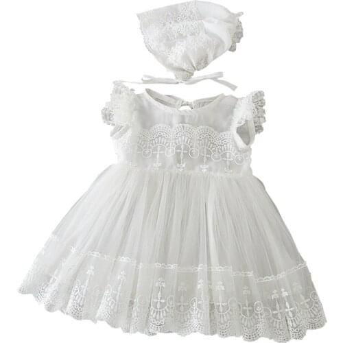 Baby Girls Summer White Bapstim Dress Newborn Tulle Ruffles Lace Christening Gown with Hat First Birthday Dresses for Bebe 12M