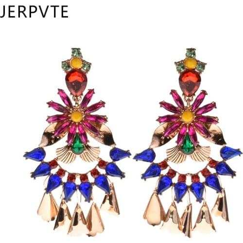 JERPVTE Brand New Colorful Crystal Flower Statement Jewelry Boho Ethnic Maxi Drop Dangle Earrings For Beautiful Ladies Wholesale