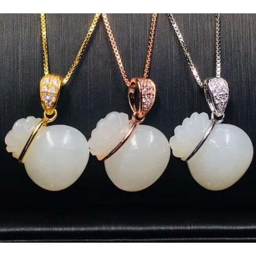 Fine Jewelry 925 Silver Natural White Jade Carved Money Bag Lucky Blessing Necklace Pendant