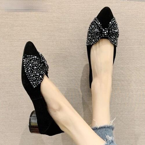 Classic Rhinestone Bow Fashion Shoes Black Frosted Sheepskin Genuine Leather Shoes Woman Low Heel Shoe Large Size 35-40
