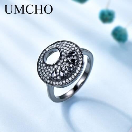 UMCHO Fashion Round Black Ring Real 925 Sterling Silver Jewelry Gemstone Rings For Women Party Gift Fine Jewelry