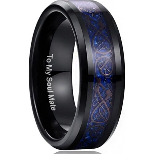 Blue Dragon Tungsten Carbide Soul Mate Ring Men Jewelry Wedding 8MM Wide Plating Black Rings Best Gift for Husband