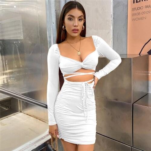 Skinny Cut Out Dresses For Women 2021 Summer Long Sleeve Short Bodycon Dress Red Mini Vestidos De Verano Robe Femme Xs Clothing