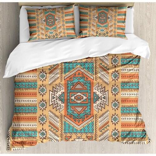 Tribal Duvet Cover Set Secret Tribe Pattern in Bohemian Style Decorative 3 Piece Bedding Set with 2 Pillow Shams Queen Size