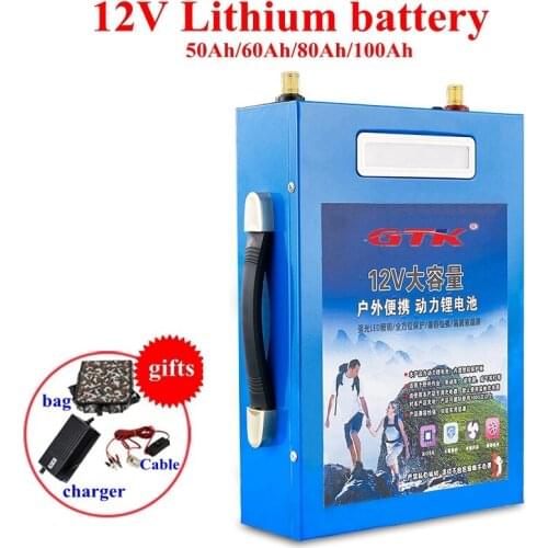 Portable 12V 50ah 60ah 70ah 80ah 100ah lithium li ion battery pack with BMS for Outdoor backup power supply inverter+10A Charger