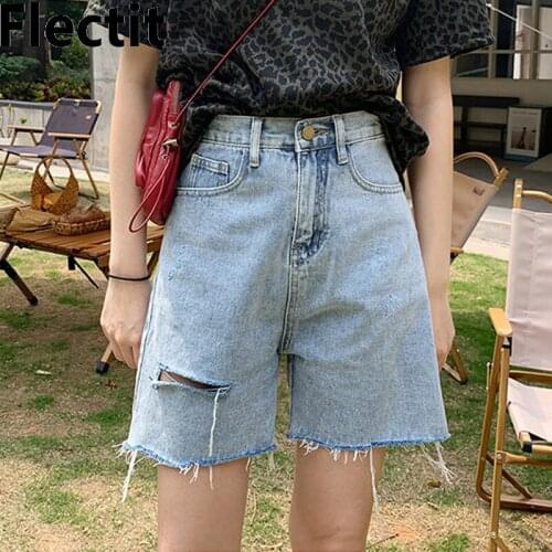 Flectit Bermuda Shorts For Women High Waist Distressed Denim Shorts Summer Student Girl Aesthetic Casual Outfits