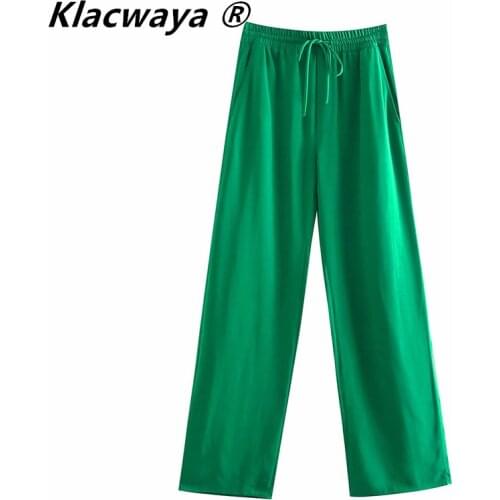 Klacwaya Women Fashion Loose Thin Satin Silk Wide Leg PantsSummer Casual Elastic High Waist Drape Mopping Straight Pants