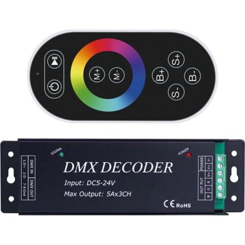 Led DMX Decoder Controller, RGB RF Touch Remote DMX512 Controller for Led Light Strip, DC 5V 12V-24V 3 Channel