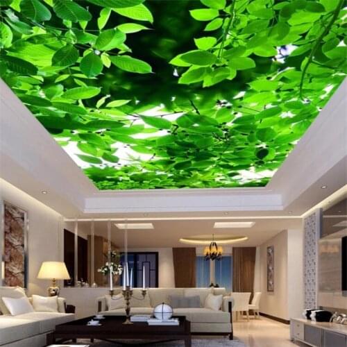 Custom Size three-dimensional photo Self Adhesive wallpapers 3D tree branche green leaf ceiling decorate zenith papel de pared