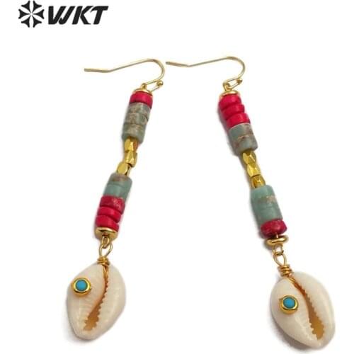 WT-E563 New!!! cowrie shell with gold Earring white cowrie with stone trim Earrings women summer fashion Jewelry Earring