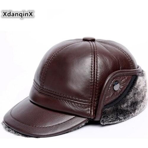 XdanqinX Natural Real Genuine Leather Hat Men Warm Winter Baseball Caps Thick Velvet Earmuffs Hats For Men Cowhide Leather Cap