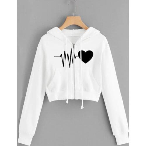 40# Harajuku Sweatshirts Women Heartbeat Print Crop Top Long Sleeve Zipper Pocket Hoodies Hooded Sweatshirt Tops Худи Оверсайз