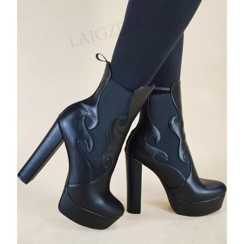 LAIGZEM SUPER Women Ankle Platform Boots Elastic Band Thick Block High Heels Boots Black Aumtn Winter Shoes Woman Size 38 44 47