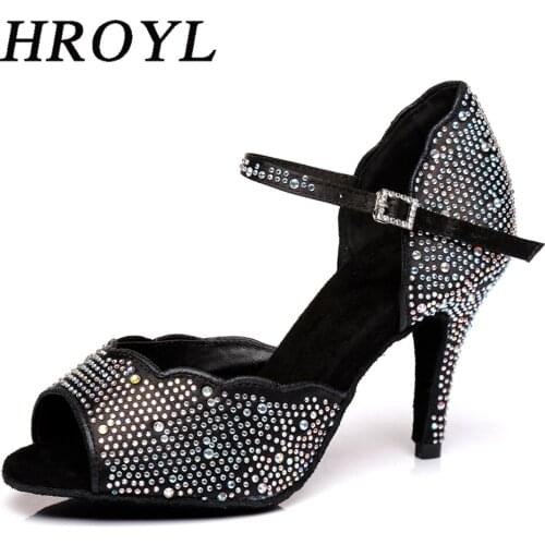 HROYL Womens Professional Heeled Shoes For Dancing Ballroom Shoes Shiny Rhinestones Latin Salsa Dance Shoes Comfortable Sandals