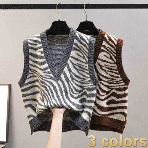 Sweater Vest Women Elegant Retro Knitwear Lovely Girls Sleeveless Vintage Chic Basic All-match V-neck Daily Oversize Zebra-print