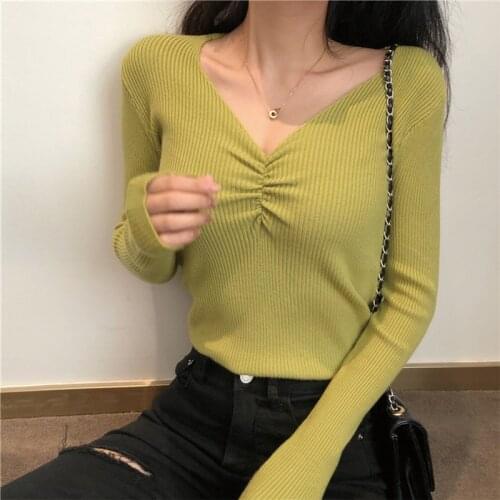 QRWR 2020 Autumn Winter Women Sweater Fashion New Sexy V Neck Long Sleeve knitted Slim Fit Solid Color Basic Sweater Women