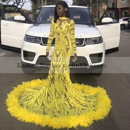 KADIER NOVIAS Women Long Sleeves Yellow Prom Dresses with Feather Sequin Lace Birthday Party Dress Vestido De Fiesta