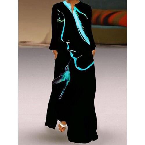 2021 spring and autumn womens new urban leisure loose waist Pullover long skirt printed pocket A-line skirt long sleeve dress