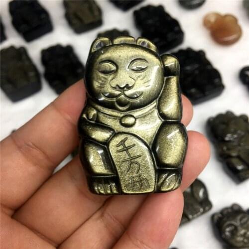 1pcs Lovely natural gold obsidian crystal hand carving cute animal fortune cat home decoration Christmas gift