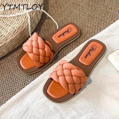 2021 Woven Slippers Women Slip On Slides Fashion Brand Square Toe Leather Flat Sandals Female Outdoor Casual Slippers Flip Flops