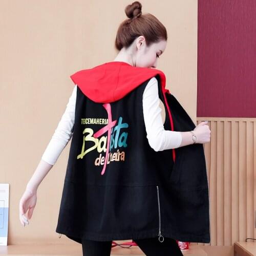 #3156 Printed Denim Vest Women Zipper Casual Long Vest Coat Loose Korean Style Casual Waistcoat Sleeveless Jacket Ladies Black