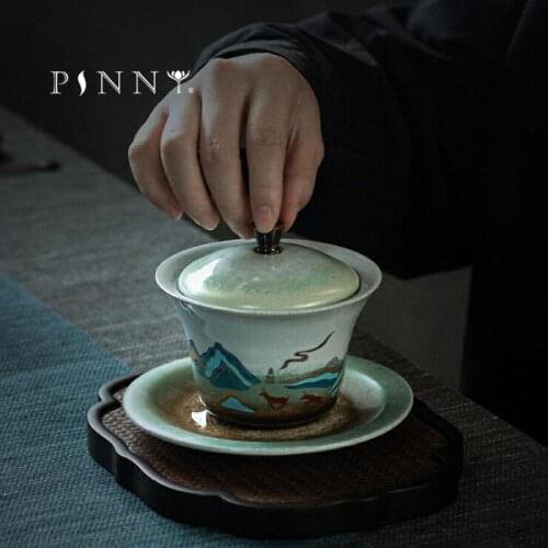 PINNY Japanese Style Celadon Ceramic Gaiwan Retro Pigmented Kung Fu Tea Tureen Landscape Tea Service