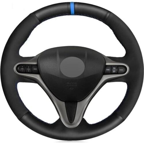 Car Steering Wheel Cover DIY Hand-stitched Black Genuine Leather Suede For Honda Civic Civic 8 2006-20011 (3-Spoke)
