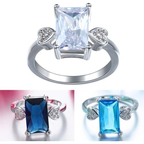 Hainon Big Square Blue White Zircon Cheap Simple Cute Rings For Women Silver Color Fashion Finger Jewelry Rings