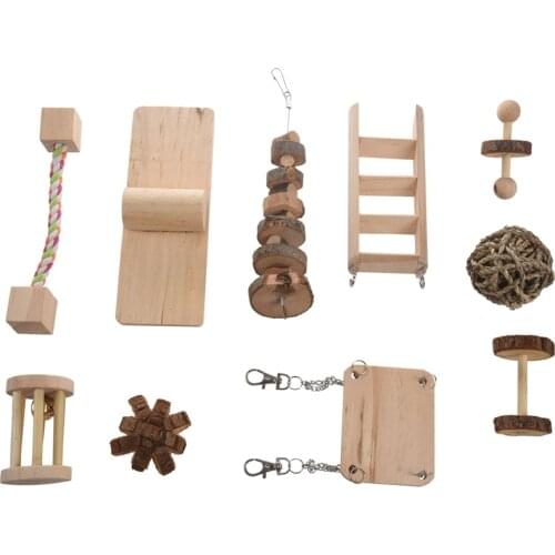 Hamster Chew Toys, 10 Pack Natural Wooden Pine Guinea Pigs Rats Chinchillas Toys Accessories Dumbells Exercise Bell Roller Teeth