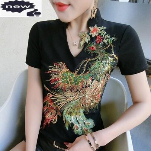 Chinese Style Vintage Womens Animal Embroidery Floral Sequins T-Shirts High Street V-Neck Slim Fit Cotton Tees Female Plus Size