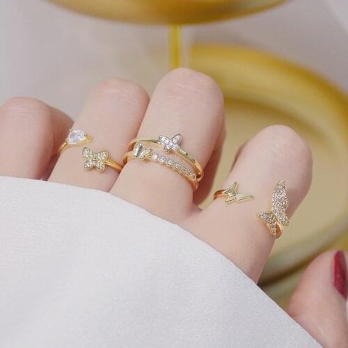 4PCS Exquisite Tiny 14K Real Gold Open Design Ring for Femme Adjustable Micro Inlaid Top Quality Zircon Anillos Bague Bijoux