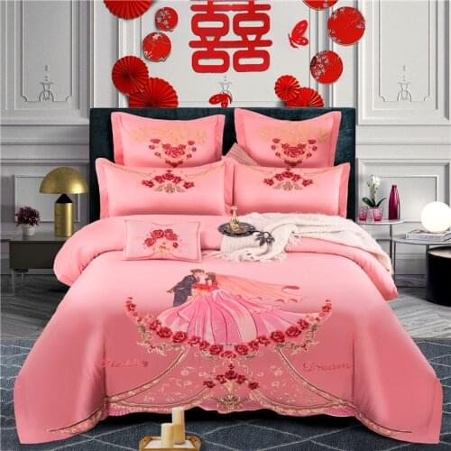 New Luxury Pink 100% Cotton European Wedding 4/6/9Pcs Bedding Set Rose Sweet Time Embroidery Duvet Cover Bed Sheet Pillowcases