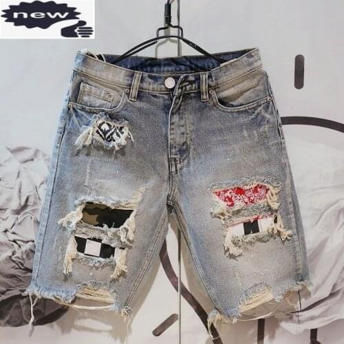 Summer 2021 Men Knee-Length Street Casual Hole Ripped Washed Denim Shorts Personality Zipper Straight Short Jeans 28-36