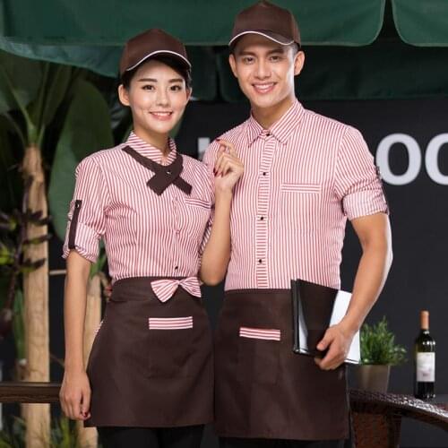 2017 Spring and Summer New Uniforms Cake Coffee Shop Adjusted Sleeve Uniform Shirt With Tie Bow Apron Set Hotpot Waiter Workwear