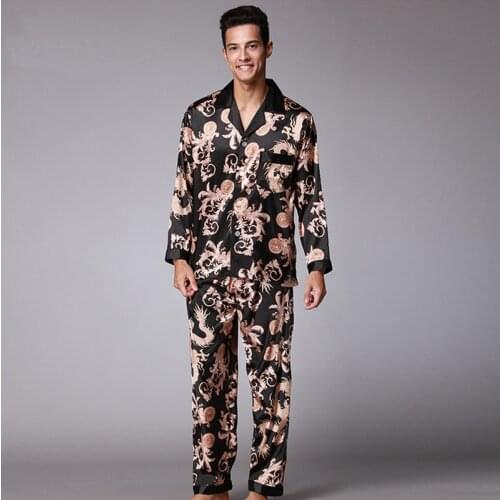 Men Silk Like Pajamas set Autumn Winter Pyjama suit Full Sleeved Chinese Traditional Printed Rayon Sleepwear Long Pants XXL