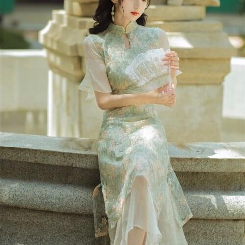 French Retro Embroidery Modified Cheongsam Dress Chinese Style Waist Slimming Temperament Young Girl Dress