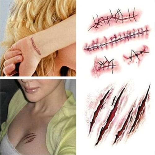 GlowSol Realistic Fake Bloody Wound Stitch Scar Scab Waterproof Temporary Tattoo Sticker Body Art Stickers Prank Makeup Props