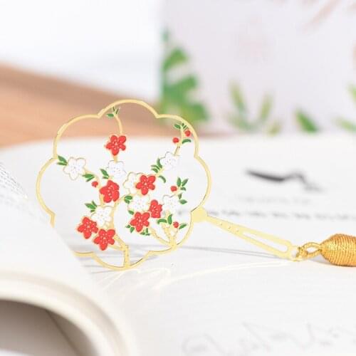 Retro flower Fan Metal Bookmark Chinese style tassels Pendant Book mark for children student gift School Office Supplies