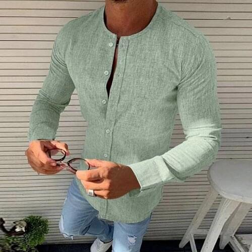 2021 Four Seasons Round Neck Linen Solid Color Mens Shirt Long Sleeve Casual Shirts Soft Wear Clothing Camisas Top Blouse