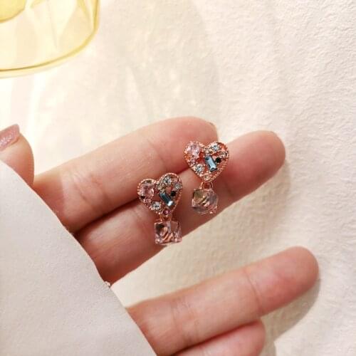 S925 needle Sweet Jewelry Heart Earrings Delicate Design Hight Quality Shiny Pink Crystal Earrings For Girl Women Gifts