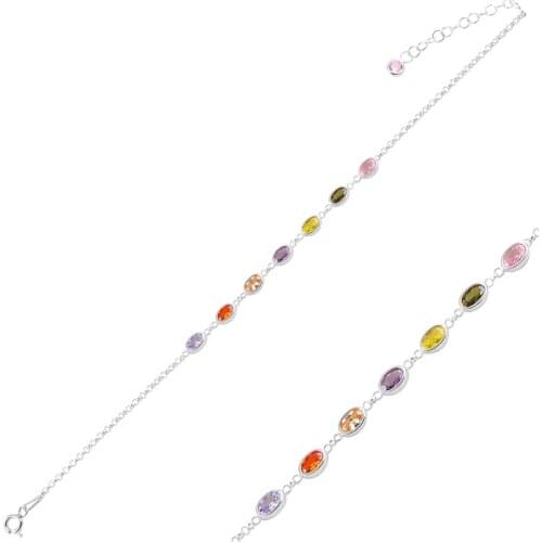 Silver 925 Sterling Oval Colorful Zircon Stone Doç Chain