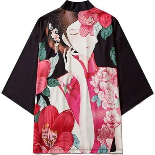 Qipao Beauty Printed Traditional Harajuku Streetwear Cardigan Yukata Vintage Japanese Style Couple Women Men Kimono Pants Set