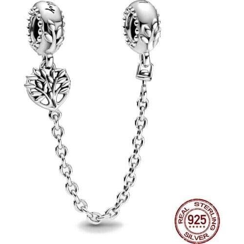 New 925 Sterling Silver Heart Family Tree Safety Chain Charm Fit Original Pandora Bracelet Necklace DIY Women Jewelry Accessorie