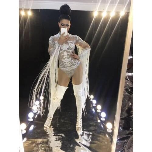 Performance Womens Stage Clothing Show Party Dance Wear Nude Sexy Tassel Bodysuit Cosplay White Costume Rhinestones Outfit