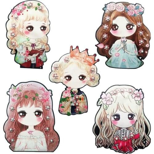 1PCS Fine Cartoon Kawaii Princess Patches Printing Beads Girl Embroidery Appliques Diy children Clothing T-shirt Patch Badges