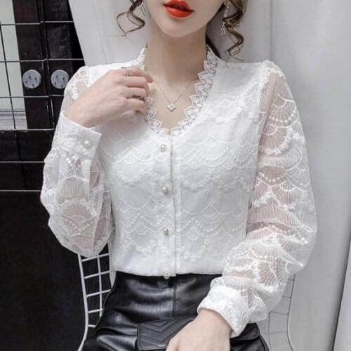 #2001 Korean Style Vintage Lace Shirts Women V Neck Ruffles Sexy Basic Tops Perspective Long Sleeve Thin Retro Loose Beige White