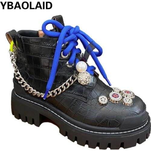 Leopard Print Thick-soled Martin Boots 2021 Autumn and Winter New Horsehair Metal Rhinestone Chain Side Zipper Ankle Boots